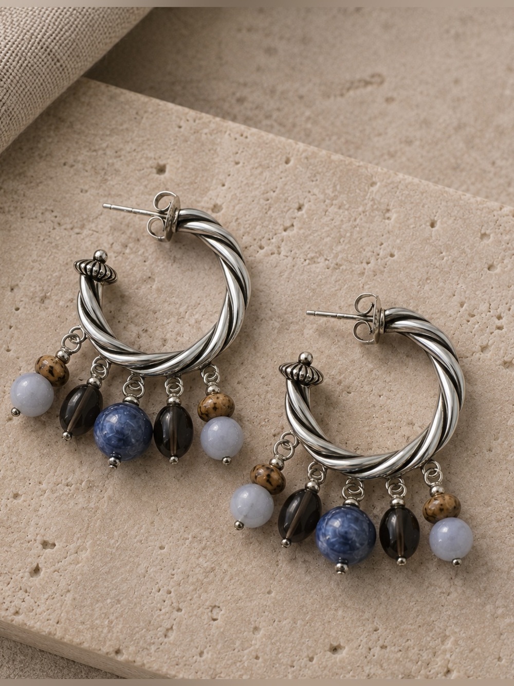 Carolyn Pollack Vintage Sterling Silver Gemstone Charm 1” Hoop Earrings #653